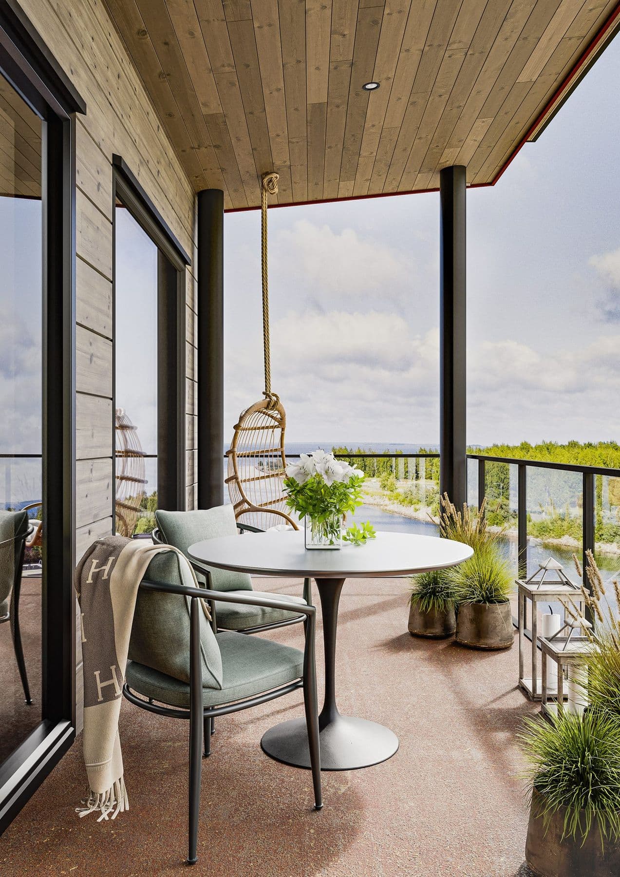 Terrace of a KONTIO solid-wood apartment building with a panoramic view (visualisation)