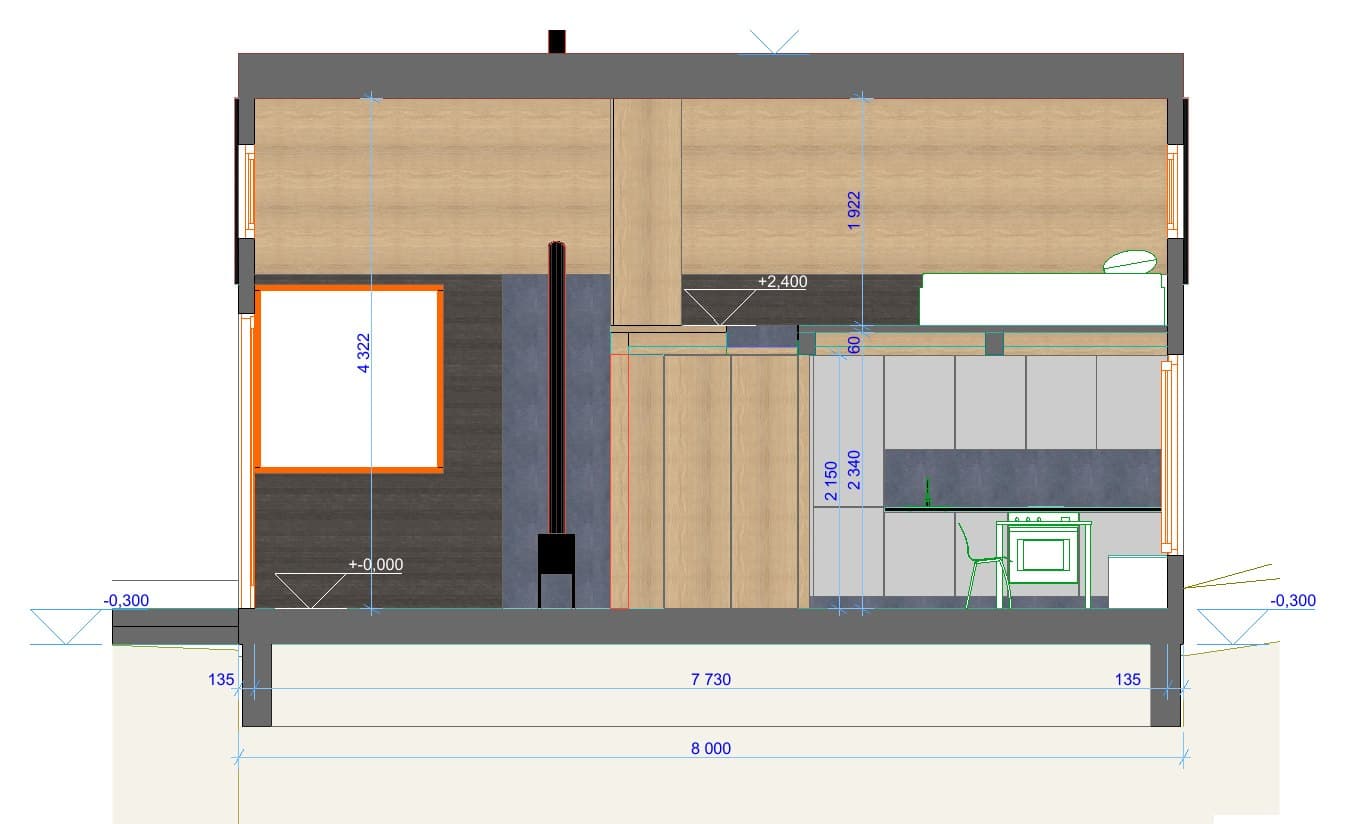 Podélný řez domkem s kuchyní a galerií