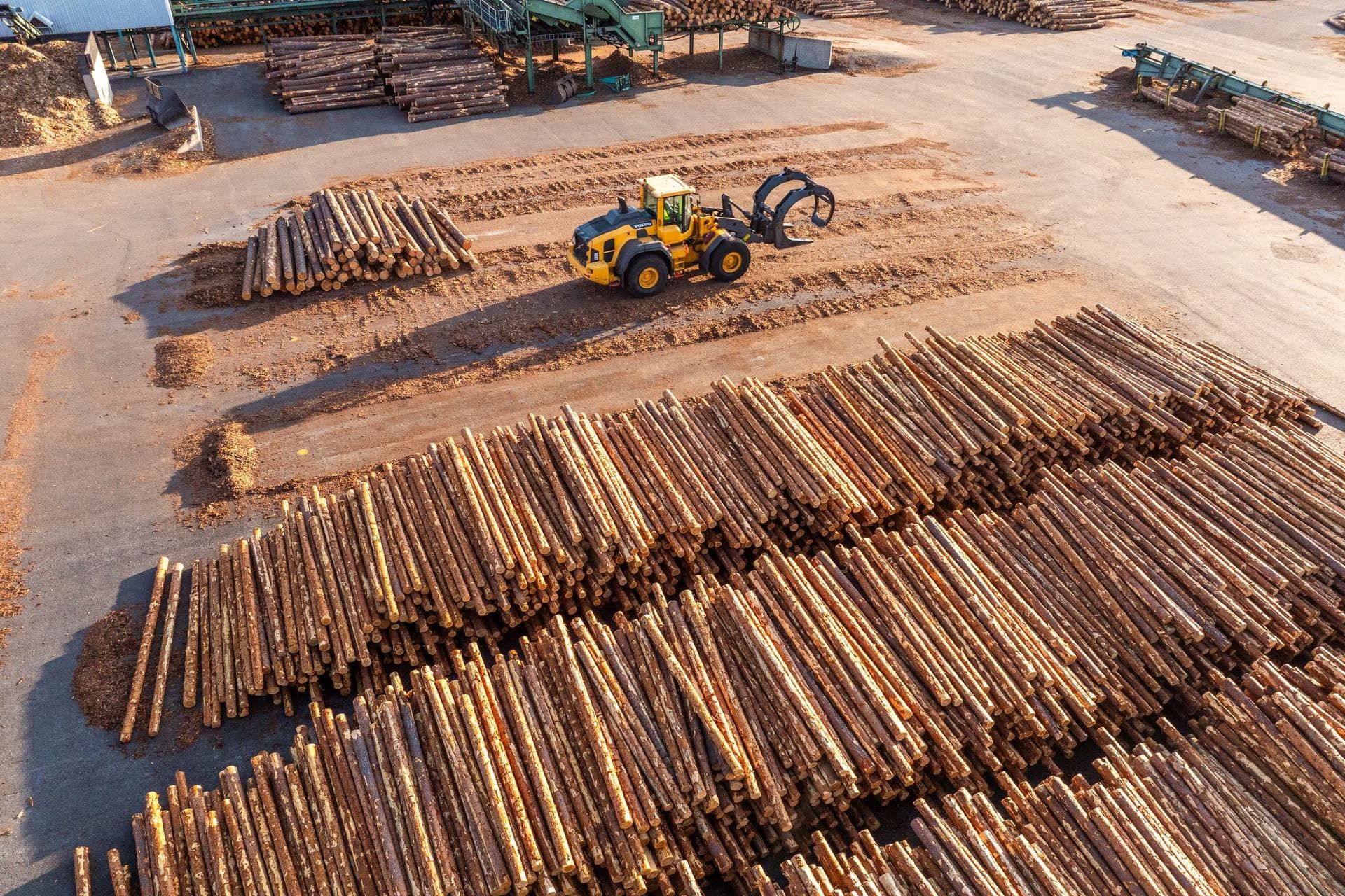 Nordic pine log yard at the KONTIO factory in Pudasjärvi