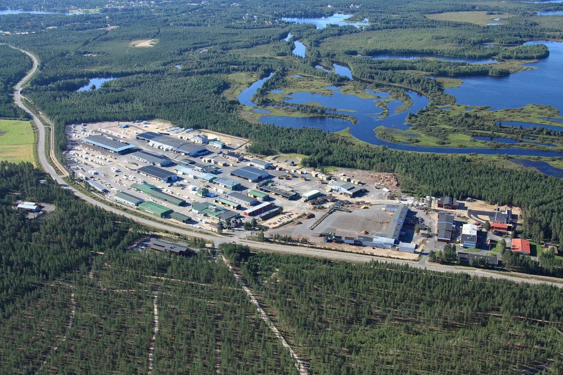 Aerial view of the KONTIO factory in Pudasjärvi in the middle of the northern forests, Finland