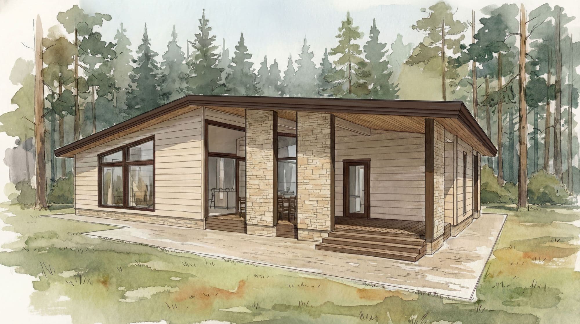 Architektonická skica exteriéru rezidence KONTIO (ilustrace)
