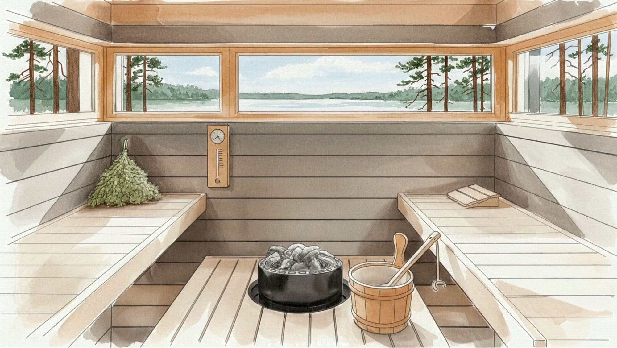 Skica finské sauny a relaxační zóny v domě KONTIO (ilustrace)