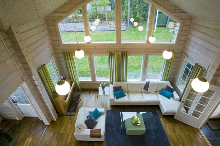KONTIO Finnish log homes — view down into the living room