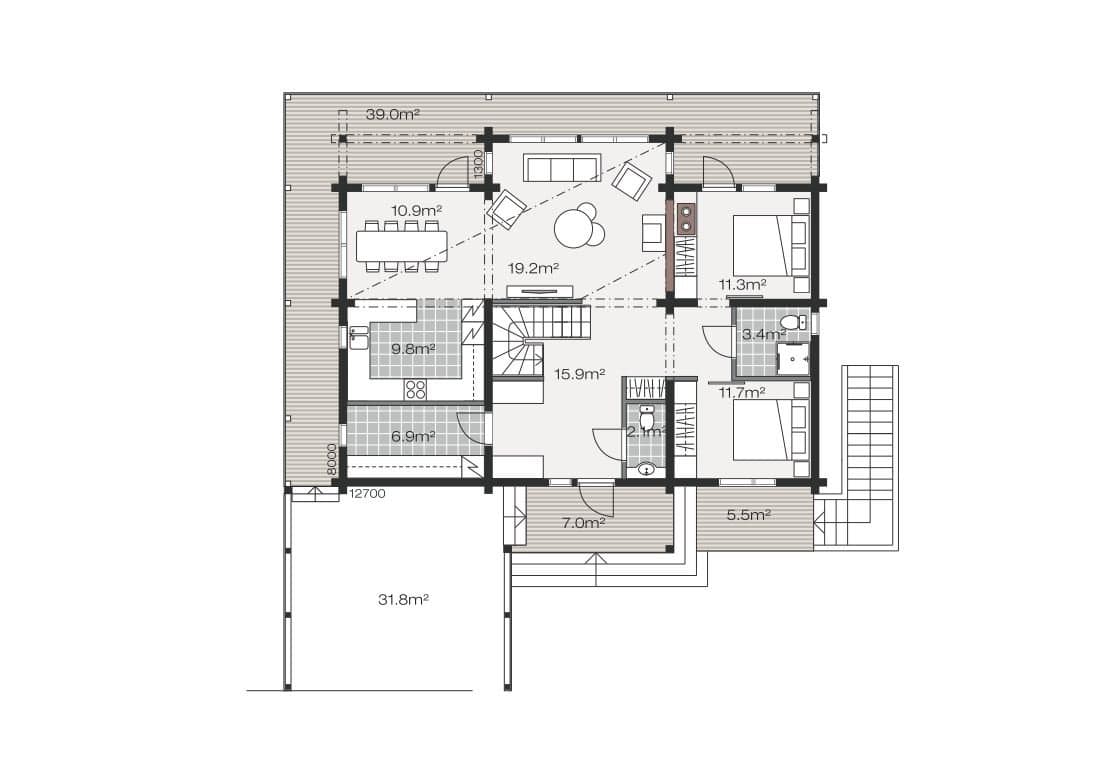 Luxury KONTIO log home, ground-floor plan