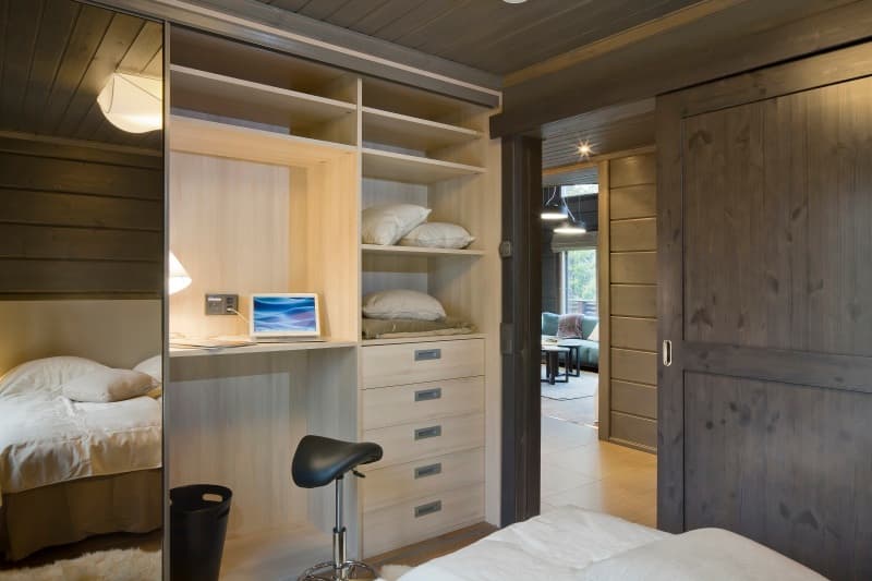 Luxury KONTIO log home, work corner built into a wardrobe