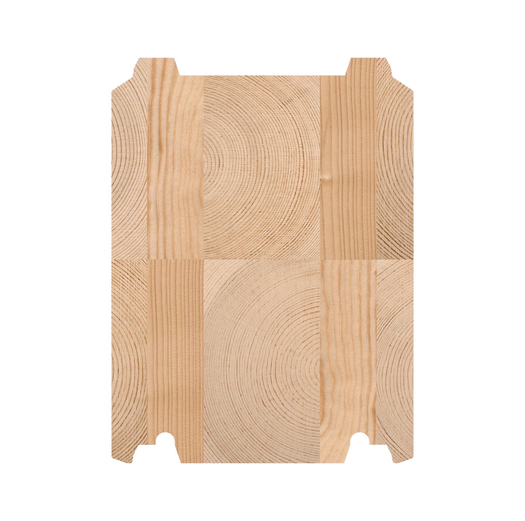 Cross-section of the SmartLog™ CLT beam showing the tongue-and-groove joint — layers of cross-laminated timber