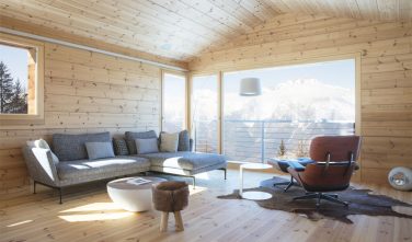 Dřevostavby Kontio dům z trámu SmartLog ve Švýcarsku-obývací pokoj