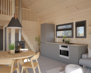 Dřevostavby KONTIO - Resort Sázava - 3D vizualizace - přízemí s kuchyňským koutem