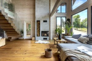 Dřevostavby KONTIO – moderní srub Nový Knín – krbová kamna v obývacím prostoru